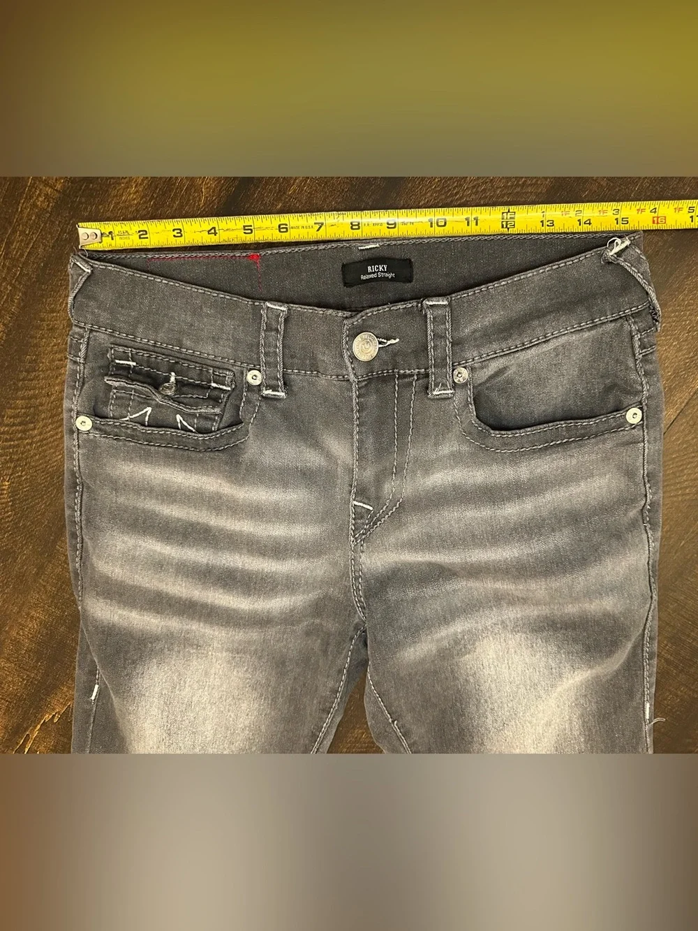 True Religion Mens Size 31x33 Ricky Big T Flap Relaxed Straight Jeans Gray Denim